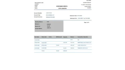 Kenya KCB Bank Account Statement Template in word and pdf format