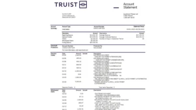 United States Truist Checking Account Statement Template in word and pdf format