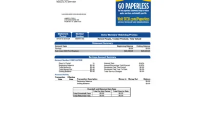United States Space Coast Credit Union Bank Account Statement Template in word and pdf format