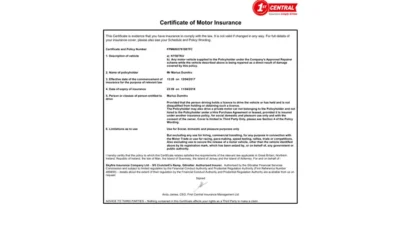 UK 1st Central Certificate of Motor Insurance Template