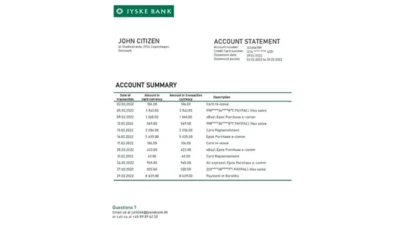 Denmark Jyske Bank Statement Template