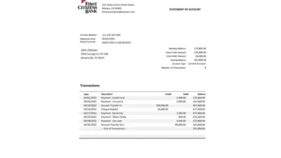 USA Texas First Citizens bank statement Word and PDF template