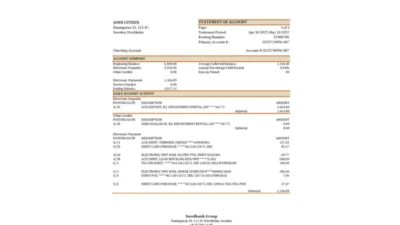 Sweden Swedbank Bank Statement Excel And PDF Template