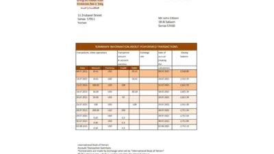 Yemen International Bank Statement Excel And PDF Template