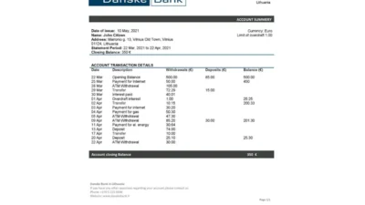 Lithuania Litva Danske Bank Statement Word and PDF Template