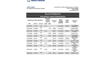 Panama Banco General bank statement template