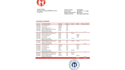Kazakhstan Kaspi Bank statement template in Word and PDF format