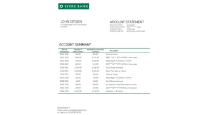 Denmark Jyske bank statement template