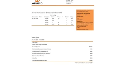 Philippines Manila Electric Company Meralco Electricity Utility Bill Word And PDF Template