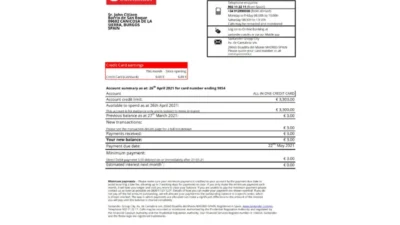 Spain Santander Credit Card Bank Statement Template