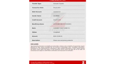 Nigeria Zenith Bank Transfer Receipt Template in Word and PDF Format