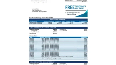 USA Missouri Together Credit Union Bank Statement Word And PDF Template (6 pages)