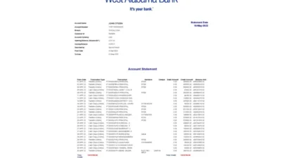 USA West Alabama Bank Statement Word And PDF Template