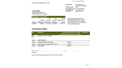 Liberia IB International Bank Statement Excel And PDF Template