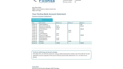 Nicaragua Banco Ficohsa Bank Statement Template