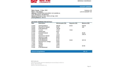 Nicaragua BAC Credomatic Bank Statement Template