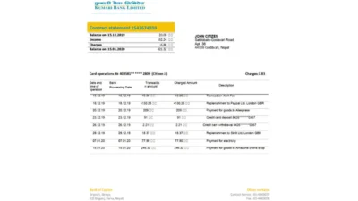 Nepal Kumari Bank proof of address statement template