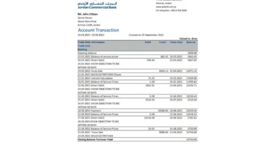 Jordan Commercial Bank JCB bank statement