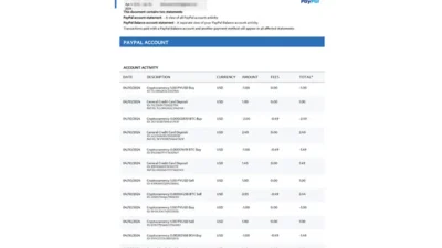 Paypal Account Statement Word And PDF Template (version2024)