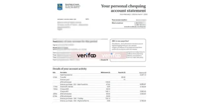 Canada RBC Bank Personal Chequing Account Statement