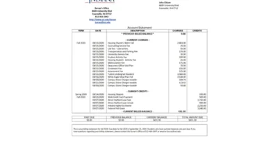 USA University Of Southern Indiana Account Billing Statement Template