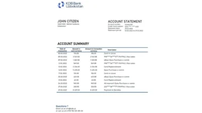 Uzbekistan KDB Bank Statement Word And PDF Template