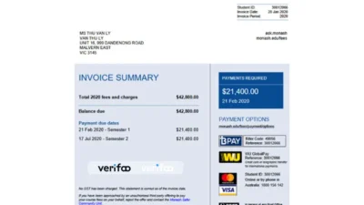Australia Monash University Fees Statement Template in word and pdf format