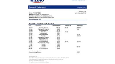 Japan Mizuho Bank statement template
