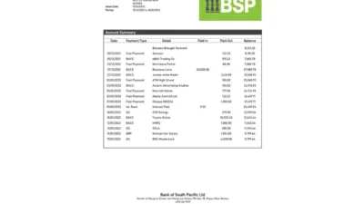 Papua New Guinea BSP bank statement template in Word and PDF format
