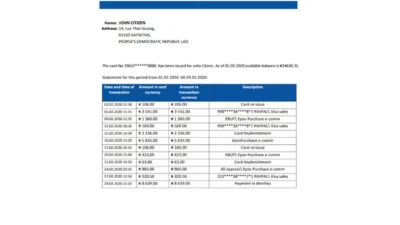 Laos Joint Development Bank (JDB) proof of address bank statement template