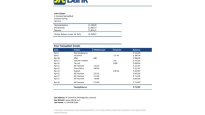 Jamaica National Bank proof of address statement template