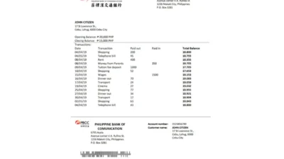 Philippines Bank of Communications proof of address bank statement template