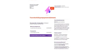 UK E.ON Next Electricity Prepayment Statement Word And PDF Template (6 Pages)