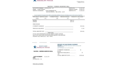 USA Maryland American Water Utility Bill Word And PDF Template