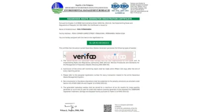 Philippines Hazardous Waste Generator Registration Certificate Template in word and pdf format