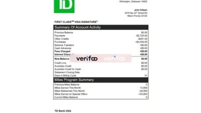 USA TD bank Credit Card Statement Word And PDF Template