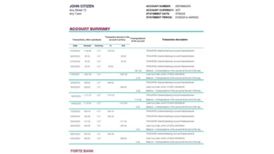 Kazakhstan Forte bank statement Excel and PDF template