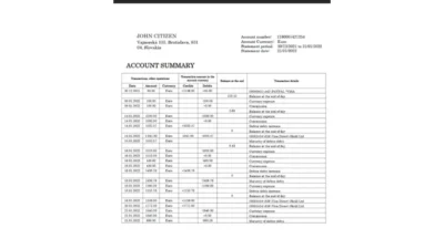 Slovakia Tatra bank statement template in Word and PDF format