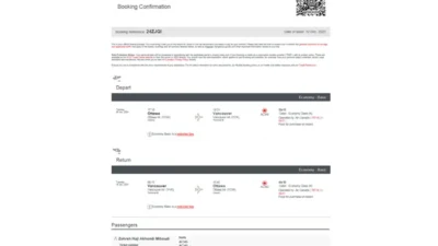 Canada Booking Confirmation Ticket Template in Word and PDF Format