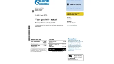 Kyrgyzstan Gazprom Utility Bill Word And PDF Template