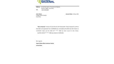Costa Rica Banco Nacional De Costa Rica Bank Letter Reference Template