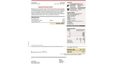 USA Mississippi Power Utility Bill Word And PDF Template (2 pages)