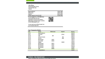 New Zealand Kiwibank Bank Statement Word And PDF Template