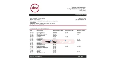 South Africa ABSA Bank Statement Word and PDF Template
