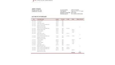 Slovenia Factor Banka Bank Statement Template