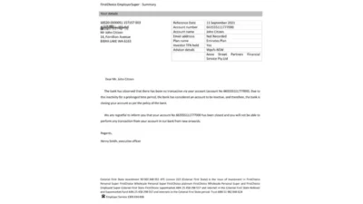 Australia Colonial First State Bank Reference Letter Template