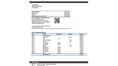 Turkmenistan Rysgal Bank Statement Word and PDF Template