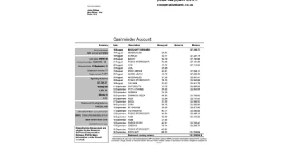 United Kingdom The Co Operative Bank Statement Template