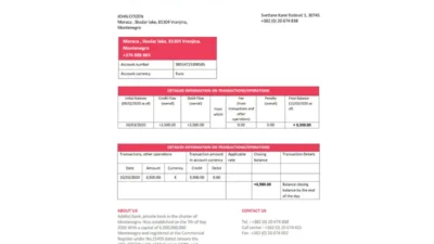 Montenegro Addiko Bank proof of address statement template