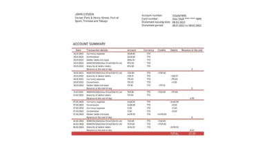 Trinidad And Tobago First Citizens Bank Statement Word And PDF Template